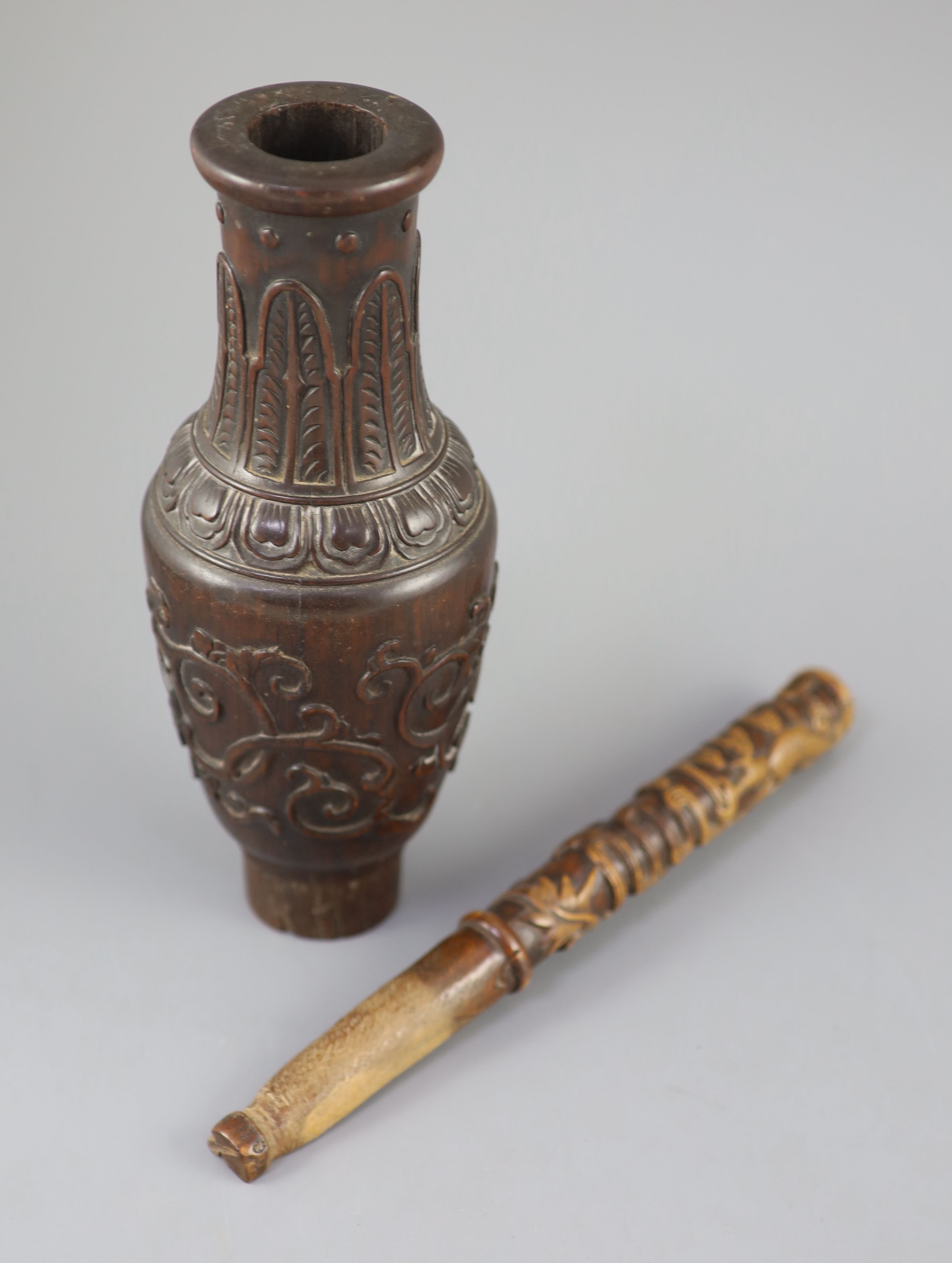 A Chinese hongmu model of a vase and a Chinese boxwood dragon handle, 18th century,